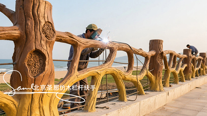 jimeng-2025-06-25-5368-正在施工制作的安全圍欄設計制作過程，美工正在施工制作，先用鋼筋焊接出骨架，然后用....jpeg