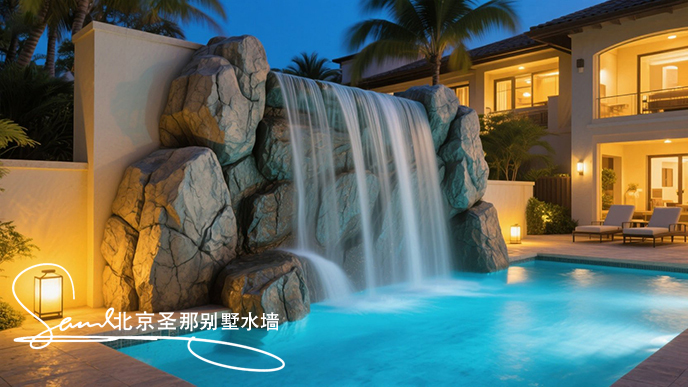 jimeng-2025-06-20-7835-這是一處戶外水墻景觀。畫面中心是一座漂亮的水泥塑石水墻，水從水墻流到水池中，池水....jpeg