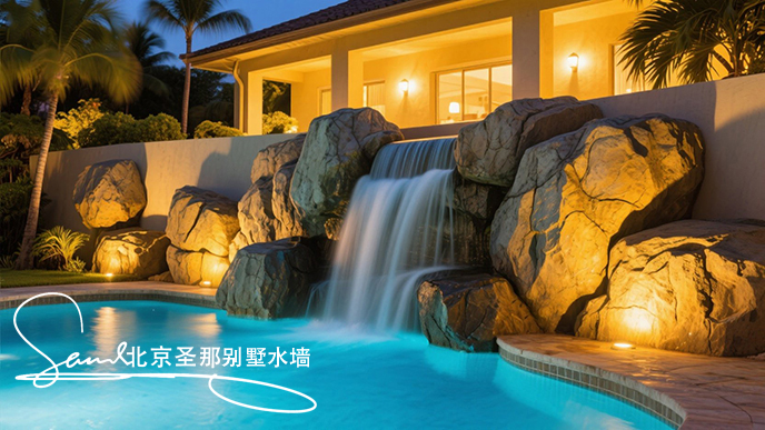 jimeng-2025-06-20-5942-這是一處戶外水墻景觀。畫面中心是一座漂亮的水泥塑石水墻，水從水墻流到水池中，池水....jpeg